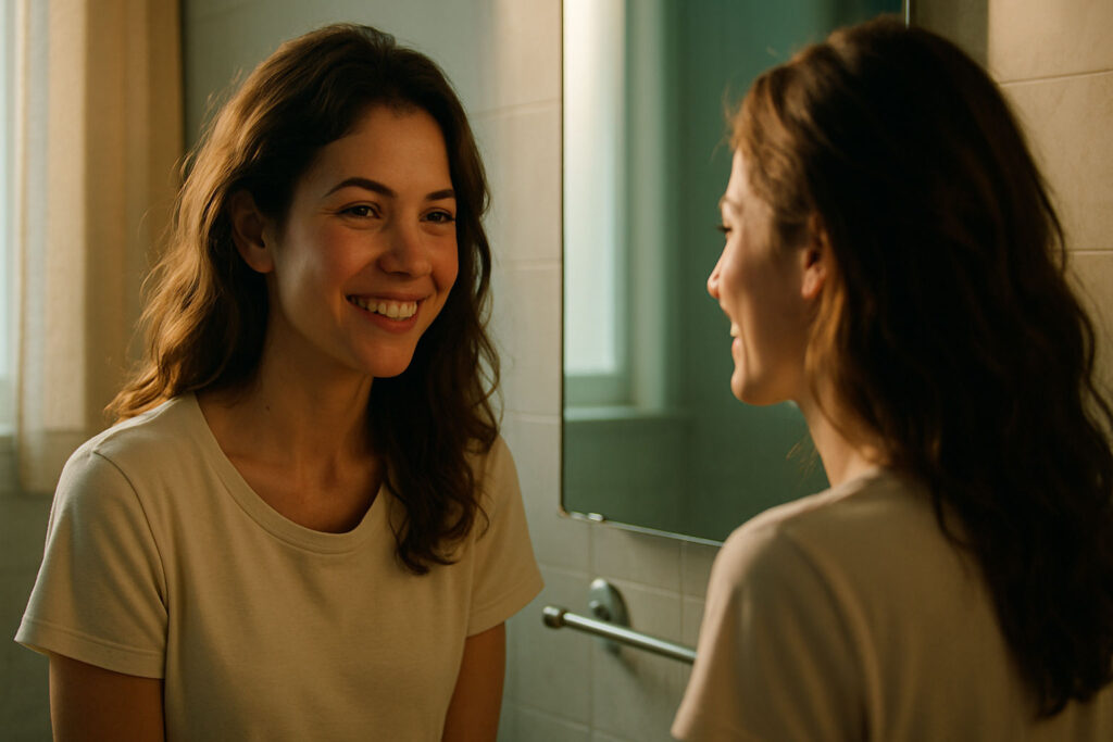 Woman smiling at herself in the mirror representing affirmations for self love.