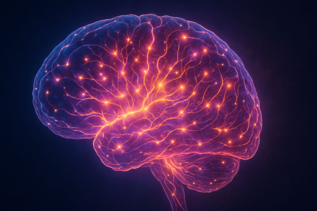 Brain illustration glowing with neural pathways symbolizing affirmations reprogramming confidence.