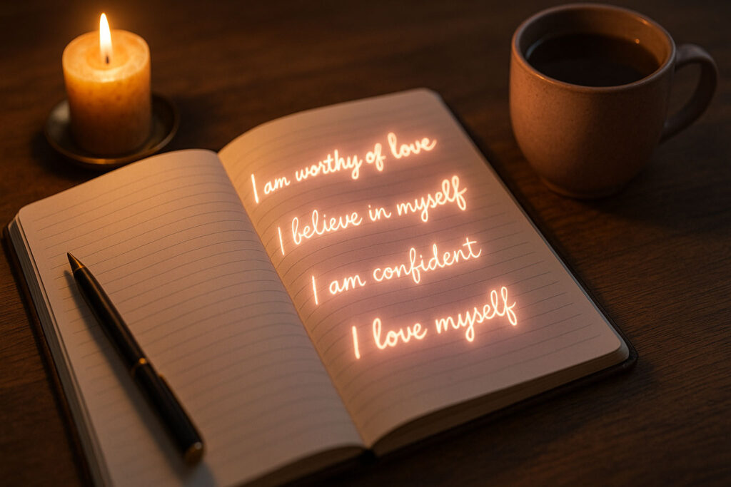Journal with glowing handwritten affirmations on a desk symbolizing daily practice.