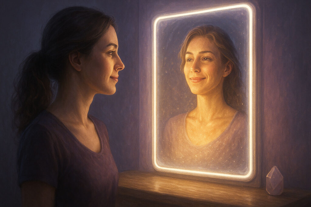 Woman seeing her empowered self in a glowing mirror symbolizing affirmations building confidence.