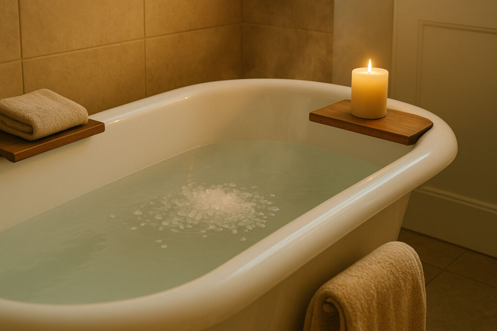 Warm bathroom scene with a white tub, sea salt in the water, and a soft candle glow for an aura cleansing salt bath.