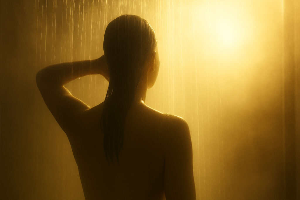 Silhouette under a warm shower with white-gold light cascading like cleansing energy.