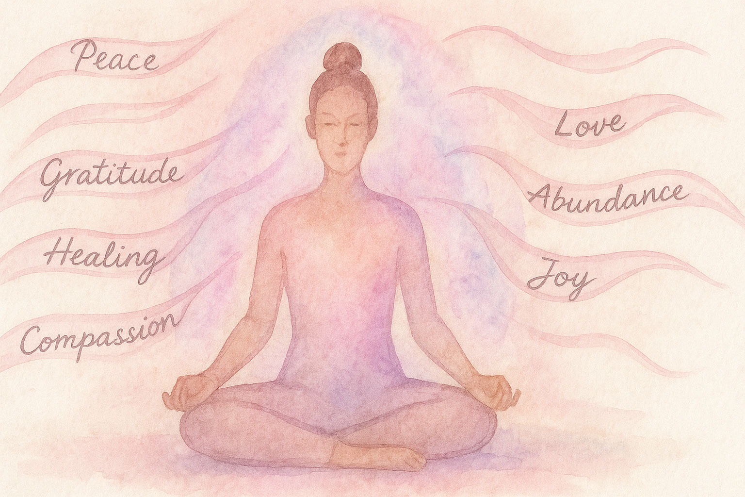 Watercolor meditation scene with pastel aura cleansing imagery