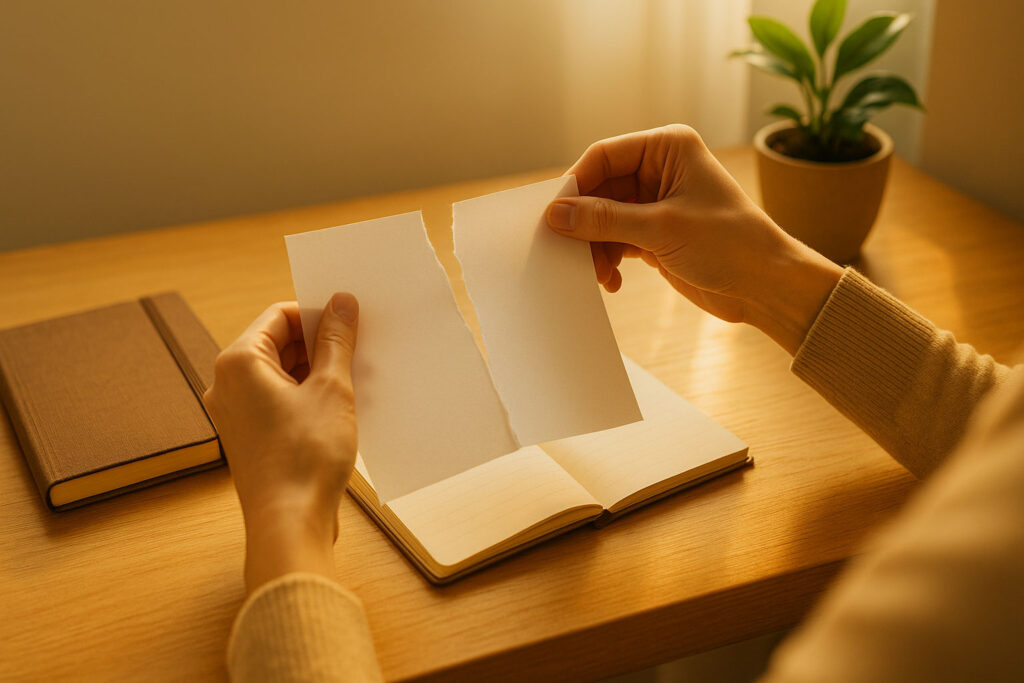 Hands tearing a blank sheet of paper on a sunlit wooden desk with a closed notebook and small plant nearby, illustrating paper release for aura cleansing.