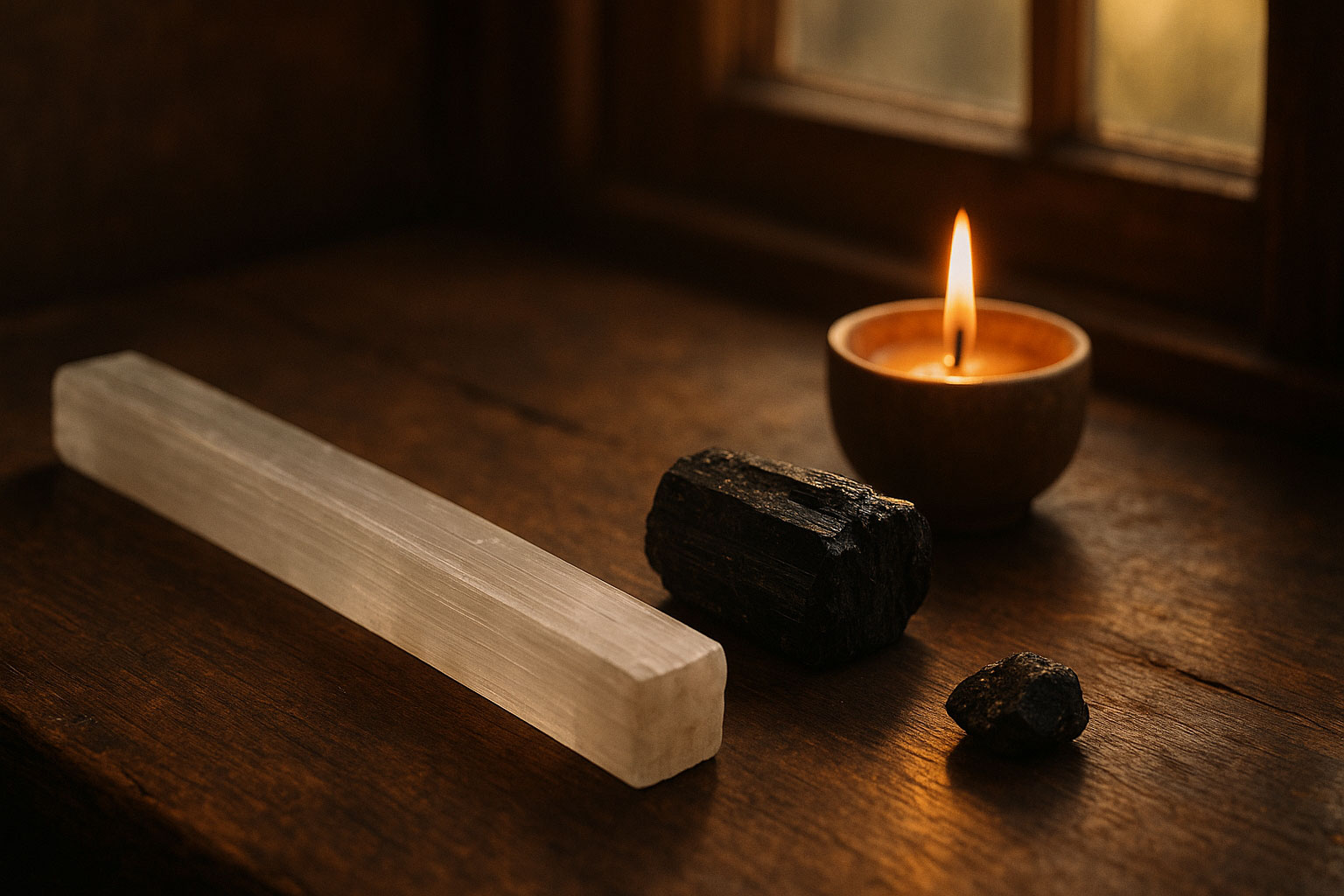 Crystals and candle arranged for gentle aura cleansing