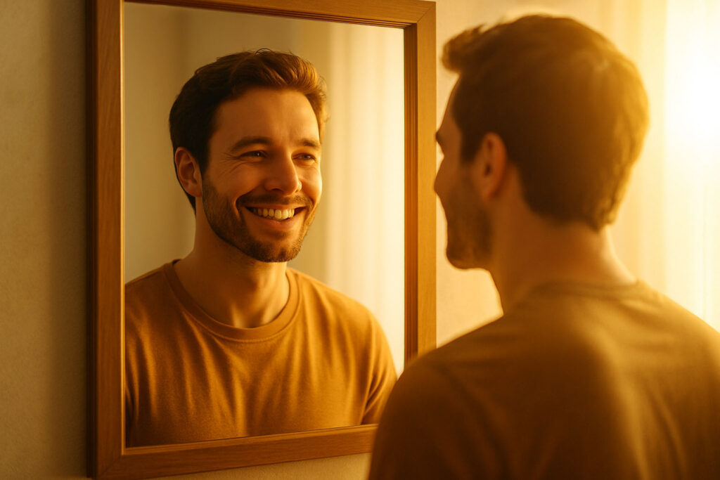 Belief Ladder Method Phase 2 image of a person practicing affirmations in the mirror with golden light.
