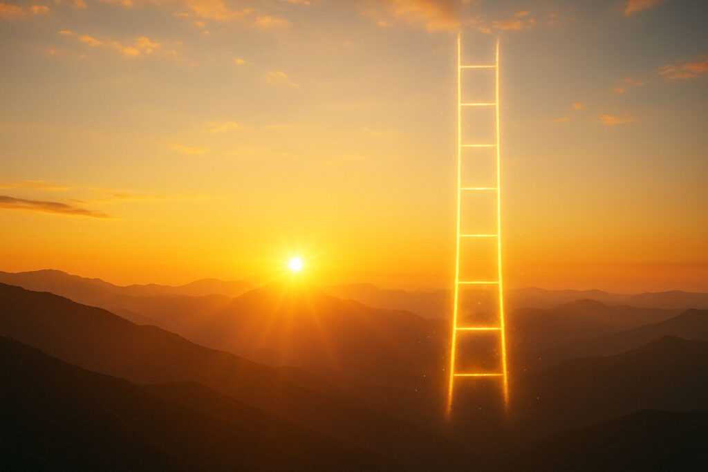 Belief Ladder Method conclusion image of sunrise and golden ladder symbolizing future growth.