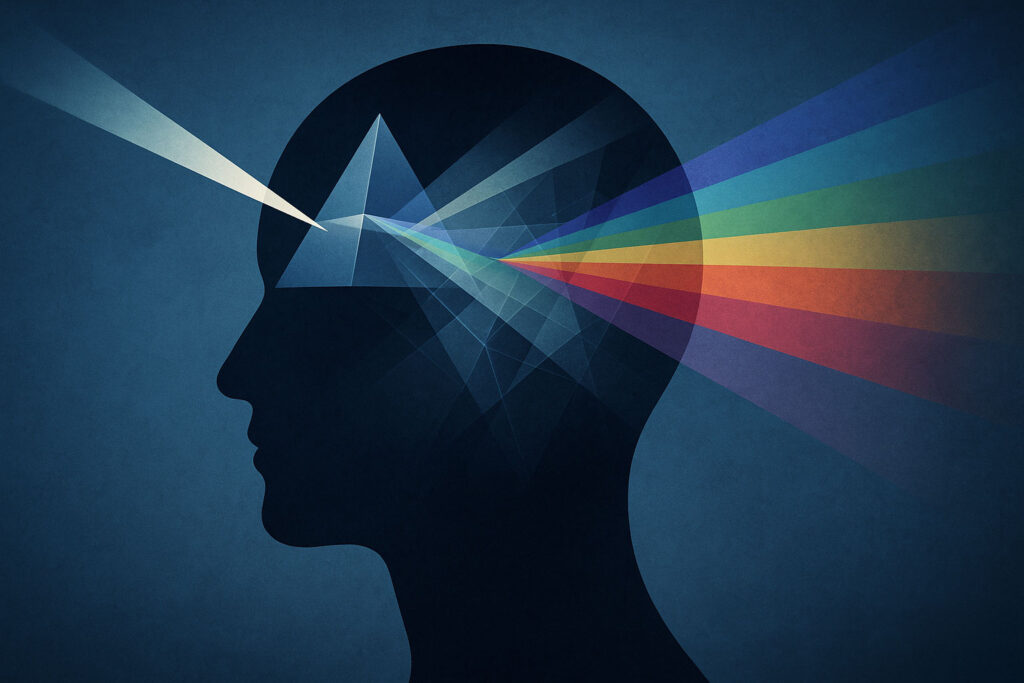 Head profile with refracted light and prism-like beams representing cognitive distortions before cognitive reframing.