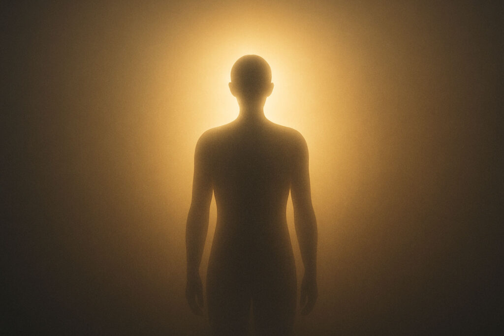 Human silhouette glowing with an energy field, representing vibration levels