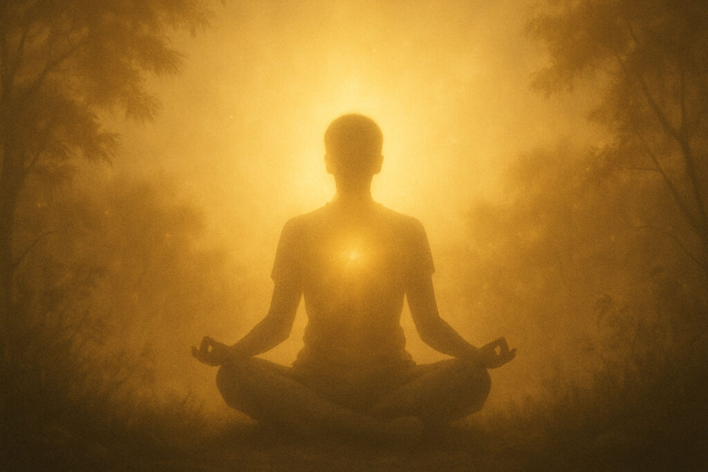 Person meditating in nature with glowing light, symbolizing raising emotional vibration
