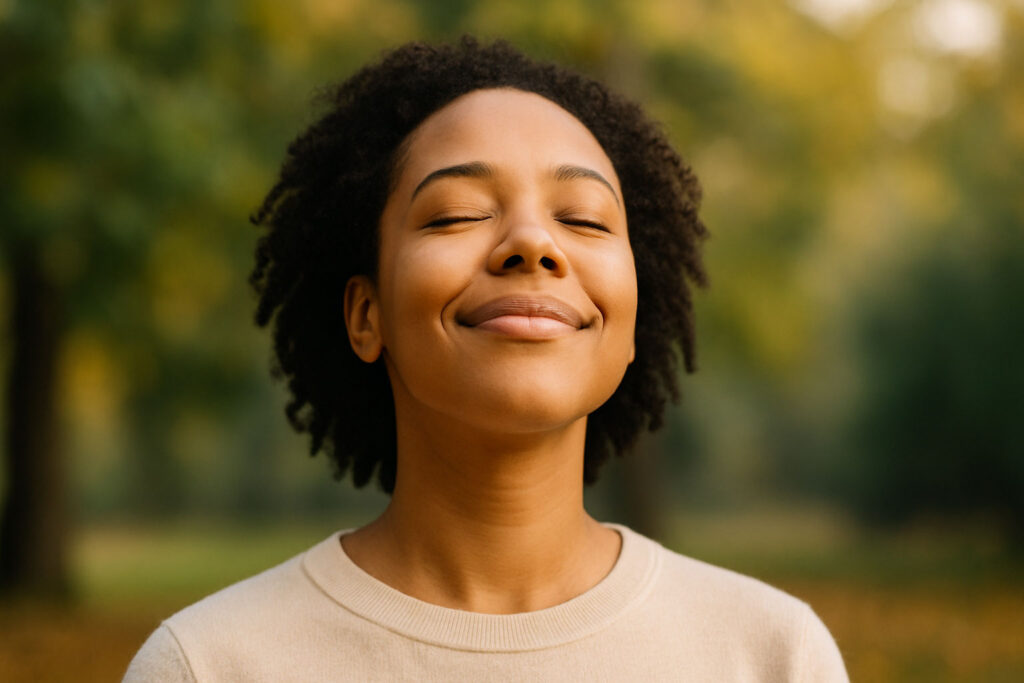 Smiling person pausing with eyes closed outdoors, symbolizing gratitude