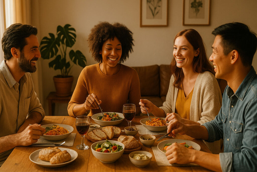 Group of friends sharing a meal together, symbolizing gratitude in relationships