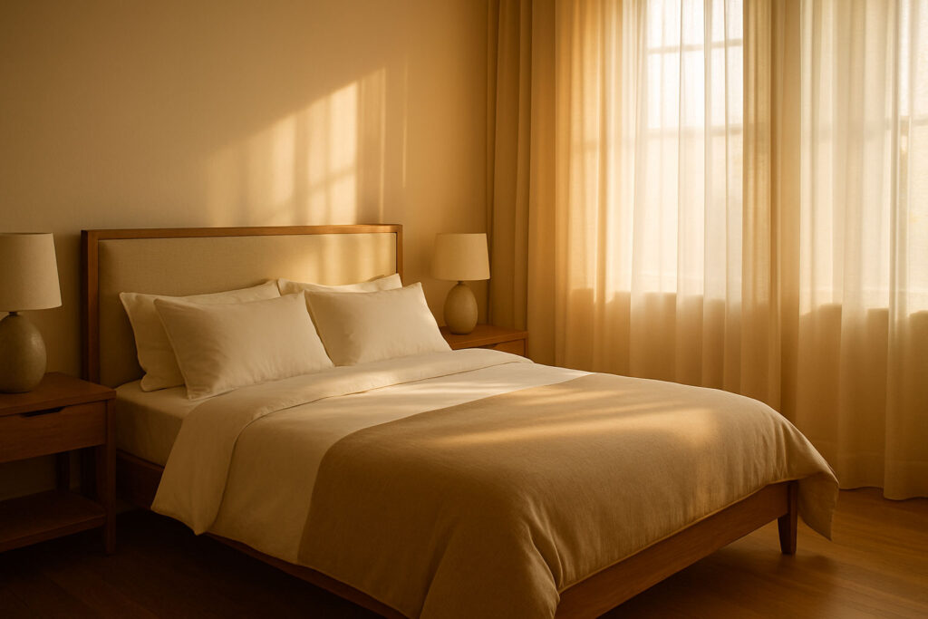 Peaceful modern bedroom with soft natural morning light symbolizing restful sleep