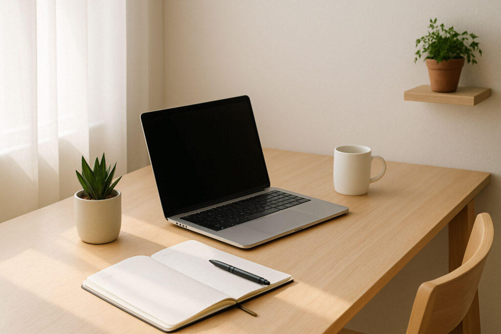 Minimalist desk with laptop and notebook in a bright, clutter-free workspace