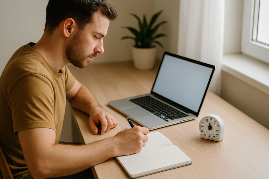 Person working at a desk with a timer, laptop, and notebook, symbolizing focused work intervals