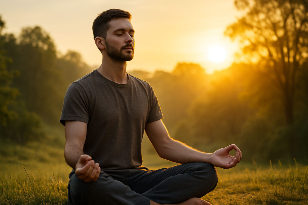 Individual meditating outdoors in sunrise light with nature in the background