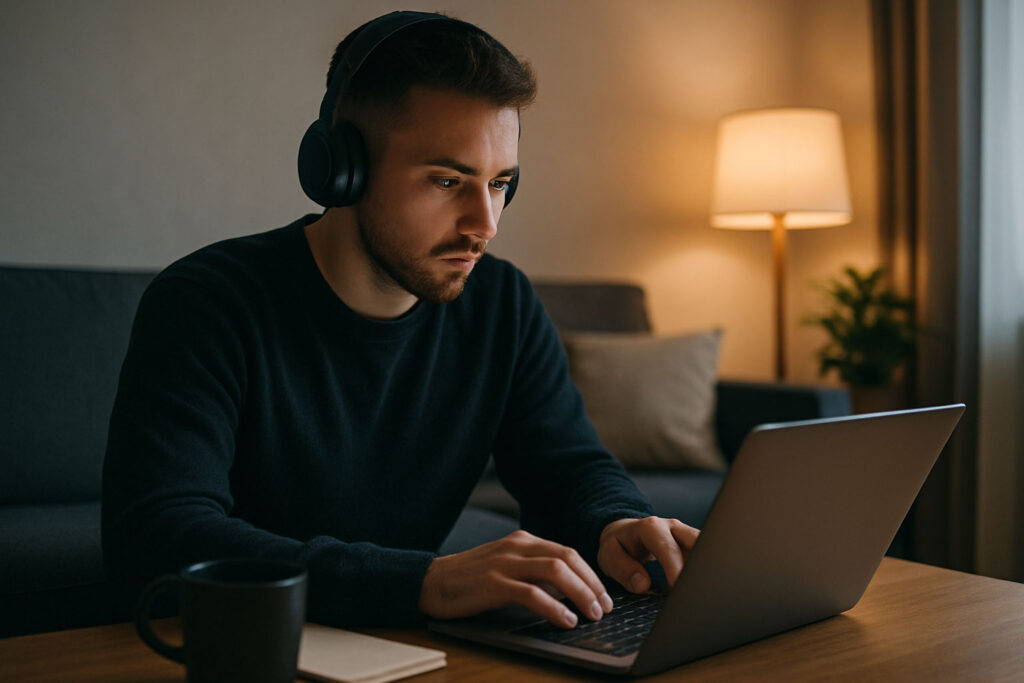 Focused person working on a laptop in a quiet cozy environment with headphones on