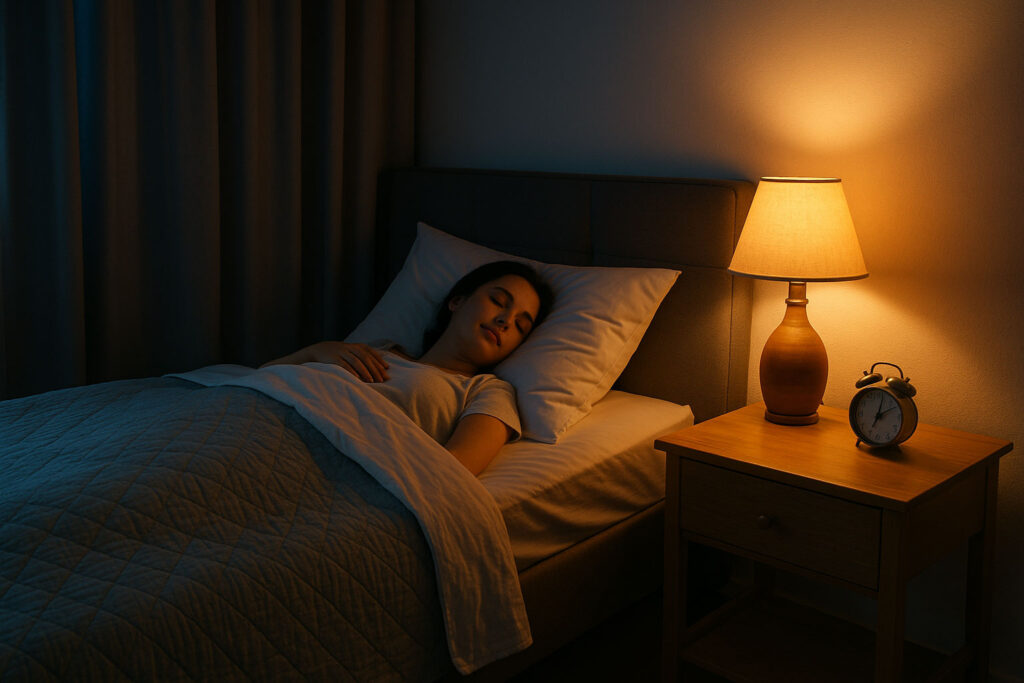 Cozy bedroom with warm lamplight and peaceful atmosphere, representing bedtime manifestation routine