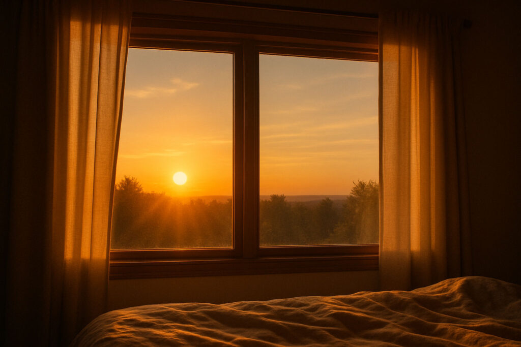 Sunrise shining through a bedroom window with warm golden light, symbolizing the morning lock-in for manifestation