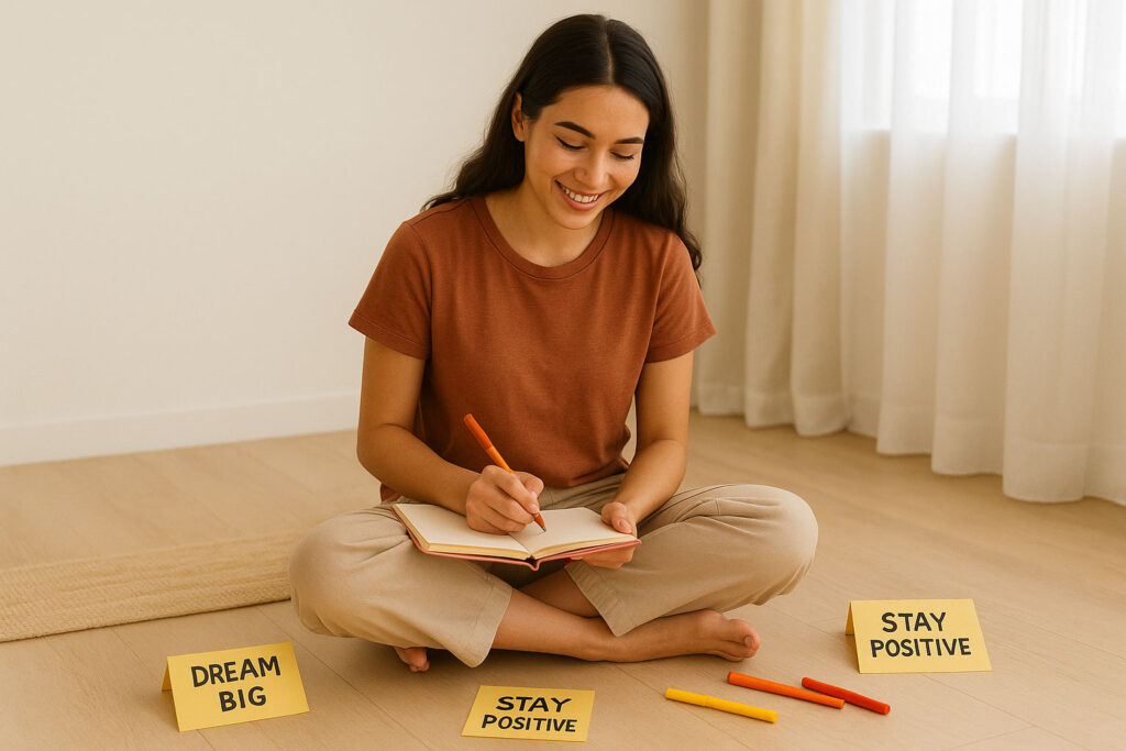 Manifestation quotes lifestyle image of a woman journaling with motivational notes.