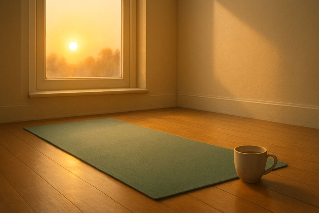 Yoga mat at sunrise with warm light creating a peaceful meditation space