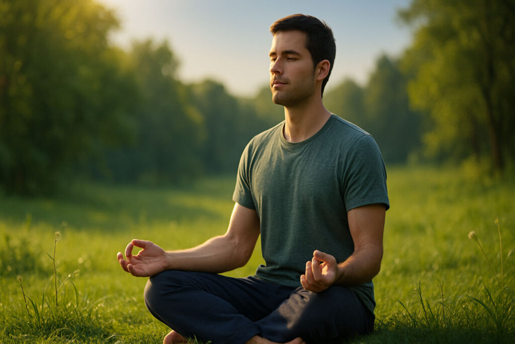Person meditating cross-legged outdoors surrounded by greenery and sunlight