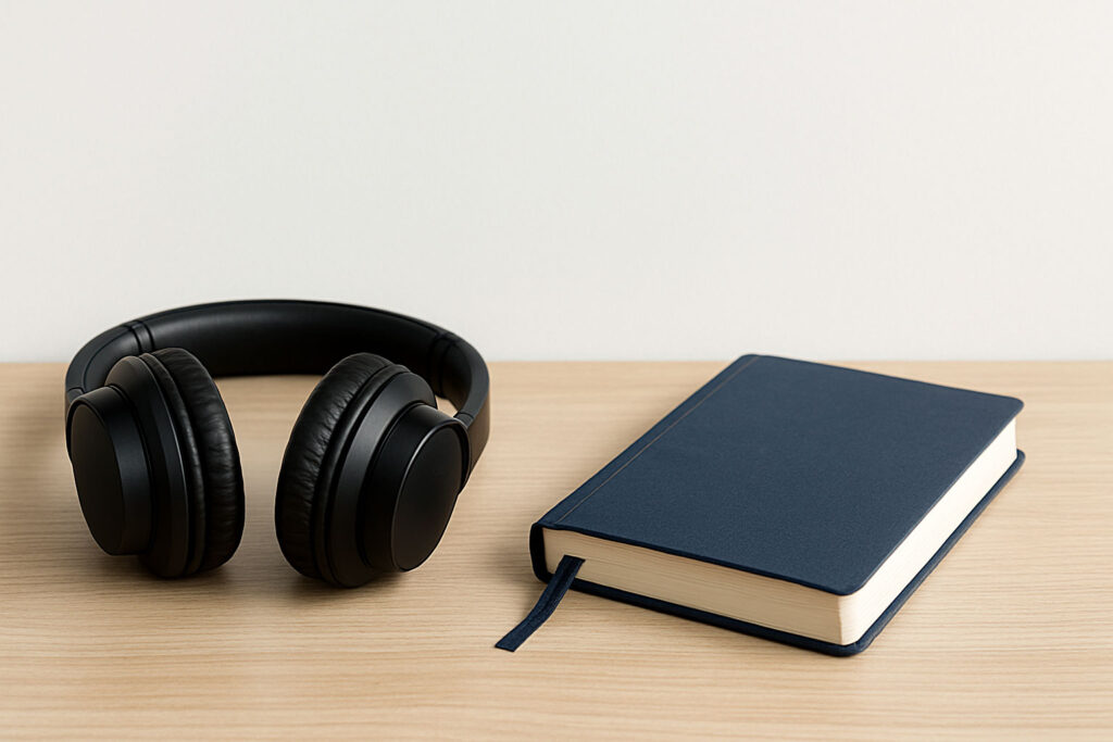 Headphones and journal on a tidy desk symbolizing guided meditation practice