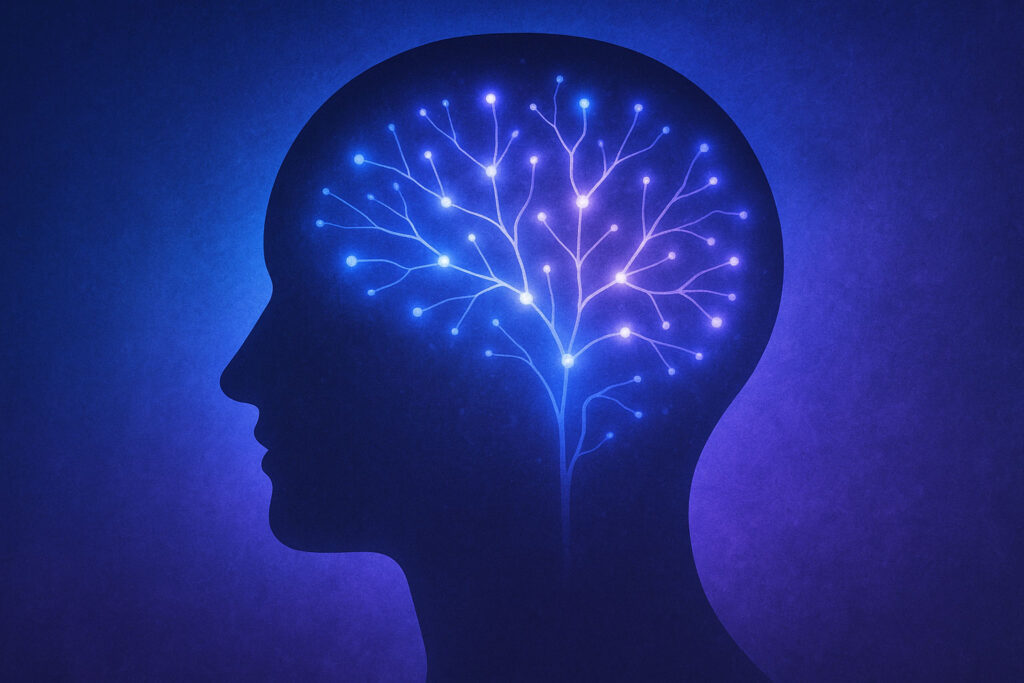 Head profile with a glowing neural network illustrating neural activation during mental rehearsal.