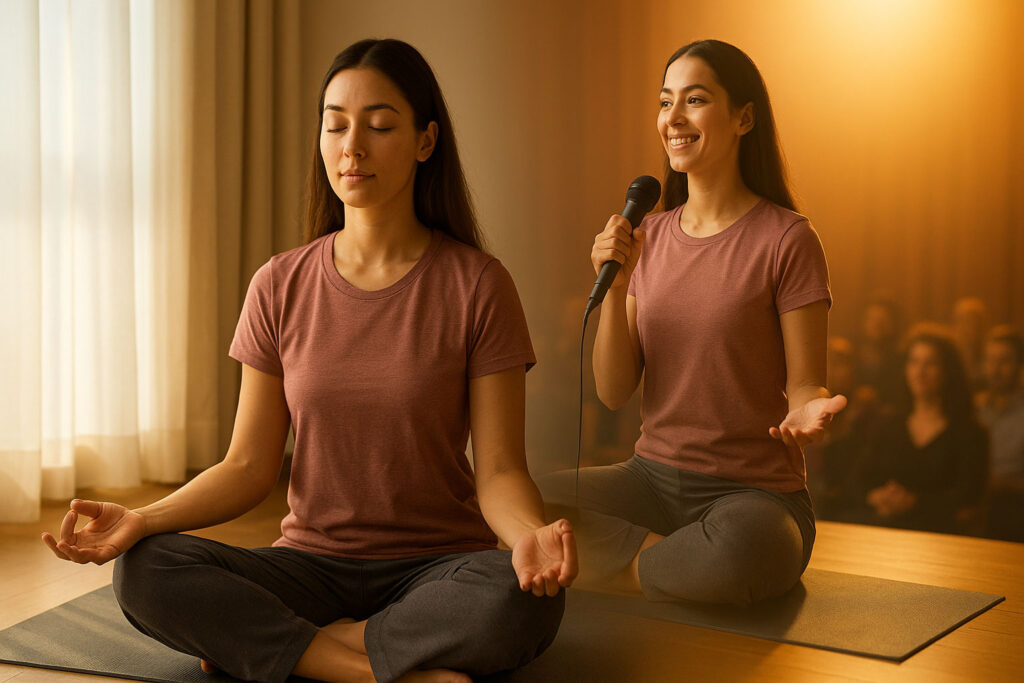 Person meditating while visualizing a confident on-stage speech as mental rehearsal.