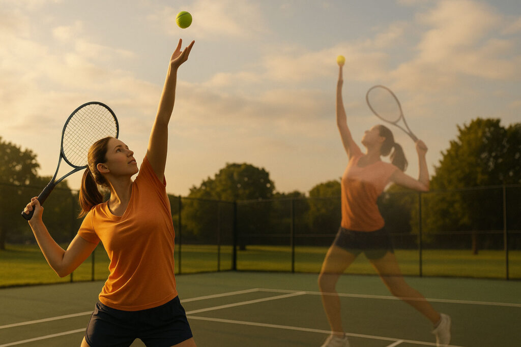 Athlete visualizing a precise tennis serve sequence to practice mental rehearsal for sports performance.