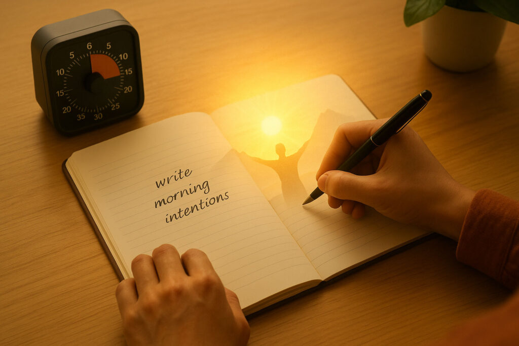 Hands writing a short rehearsal script in a notebook on a sunlit desk with a faint imagined success scene.