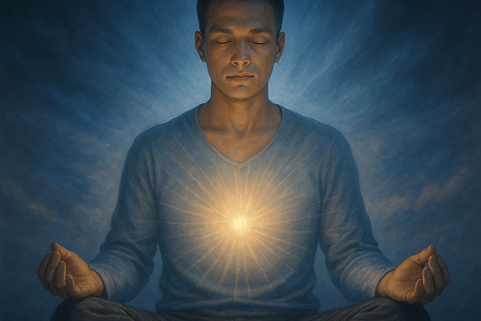 Person meditating with glowing energy radiating outward