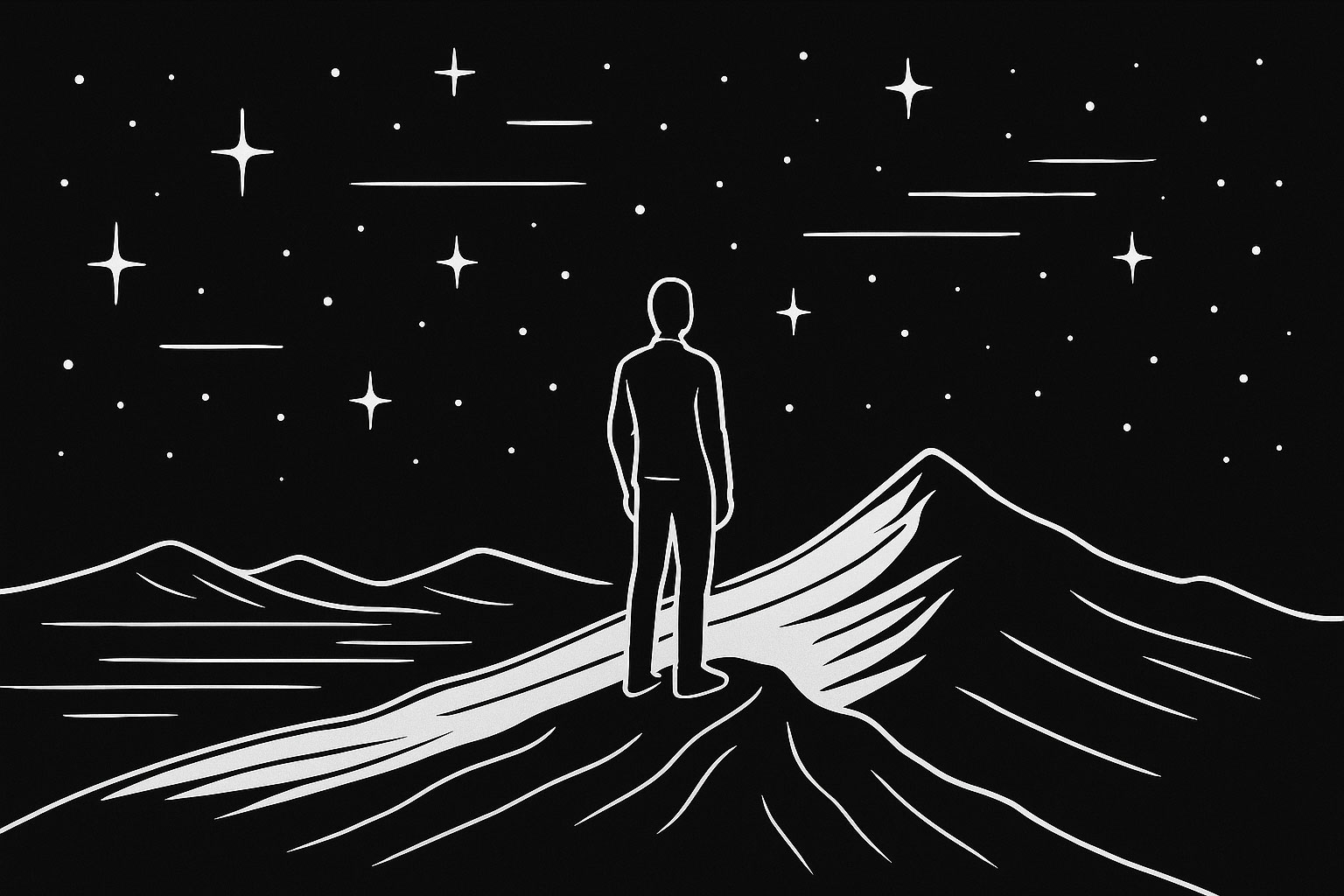 Minimalist line-art of person on mountain peak with stars