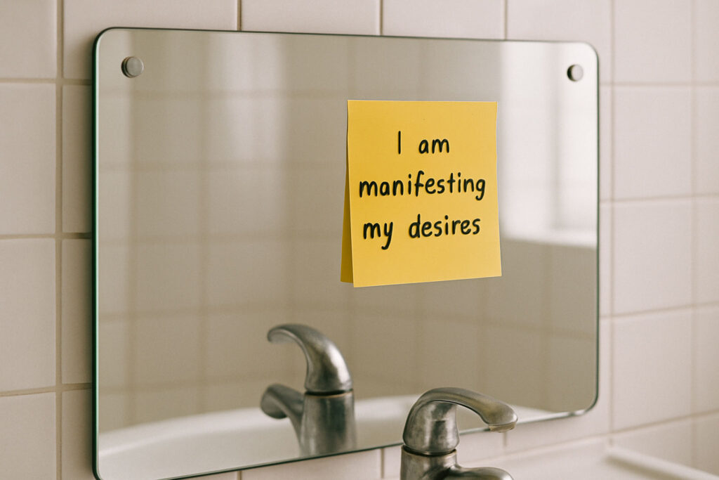 Bathroom mirror with a sticky note affirmation, representing daily mirror manifestation practice