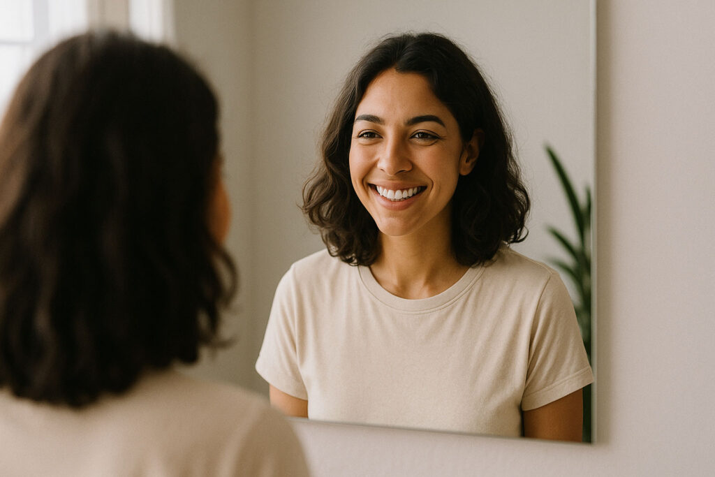 Person smiling at their reflection, symbolizing self-love and mirror technique manifestation