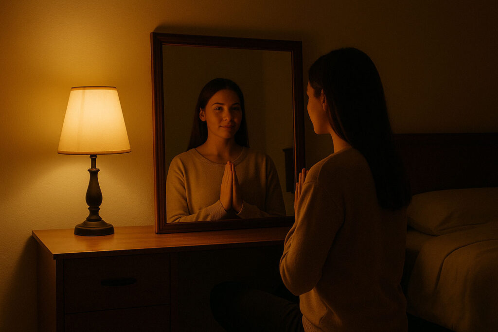 Person practicing mirror manifestation at night with soft lamplight