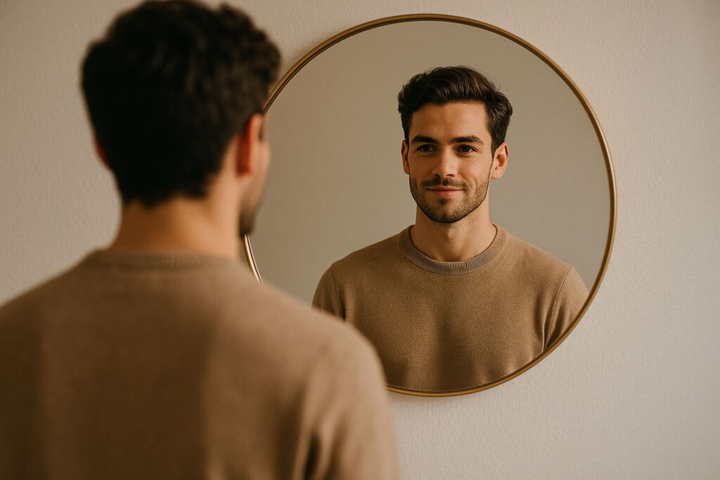 Artistic reflection showing a more confident version of the self, symbolizing transformation through mirror manifestation