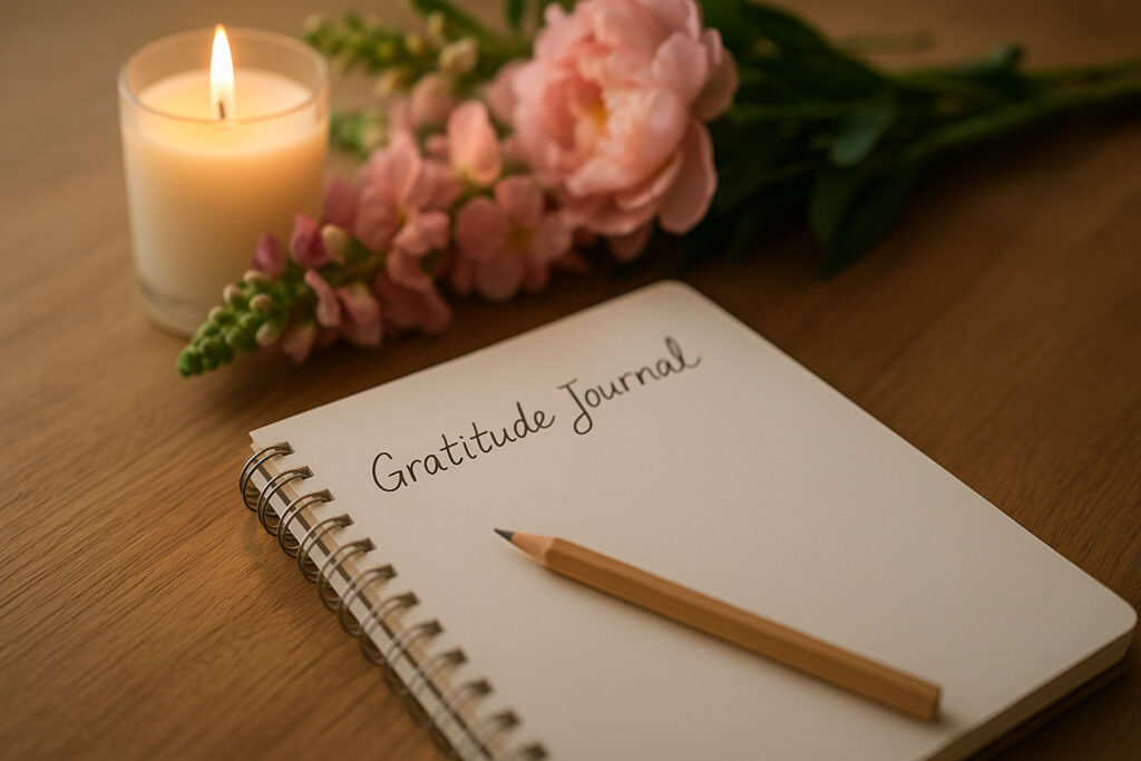 Gratitude journal with flowers and candle on table.