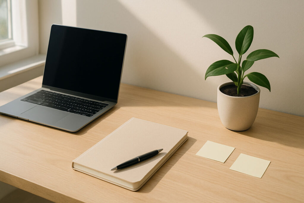 Bright workspace with plain journal, laptop, and plant in sunlight.