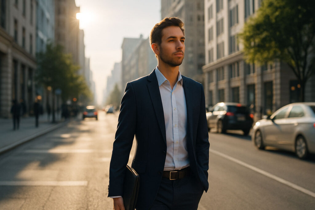 Confident person walking in morning sunlight with purpose.