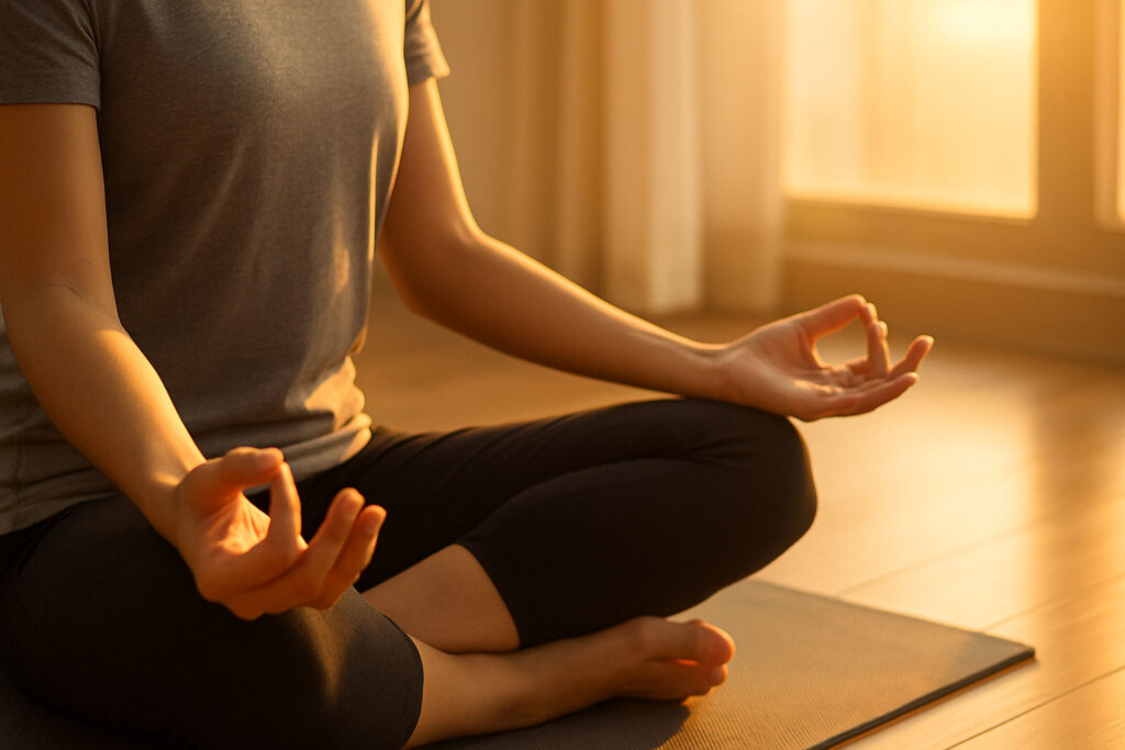 Morning meditation step-by-step image of hands resting on knees with morning light.