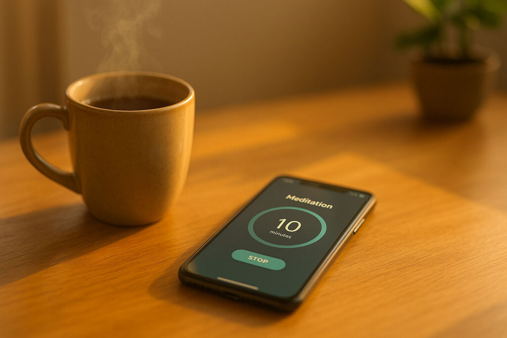 Morning meditation tips image of tea, timer app, and cozy morning setup.