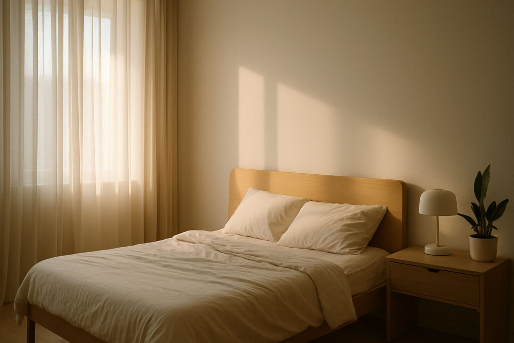 Minimalist bedroom with soft morning light streaming through curtains, creating a calm and energized atmosphere