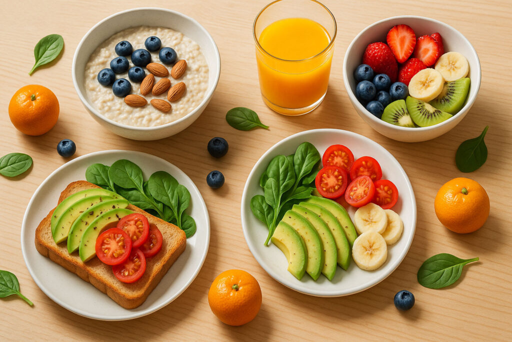 Vibrant flat lay of oatmeal, avocado toast, fruit, and juice symbolizing nourishment for productivity