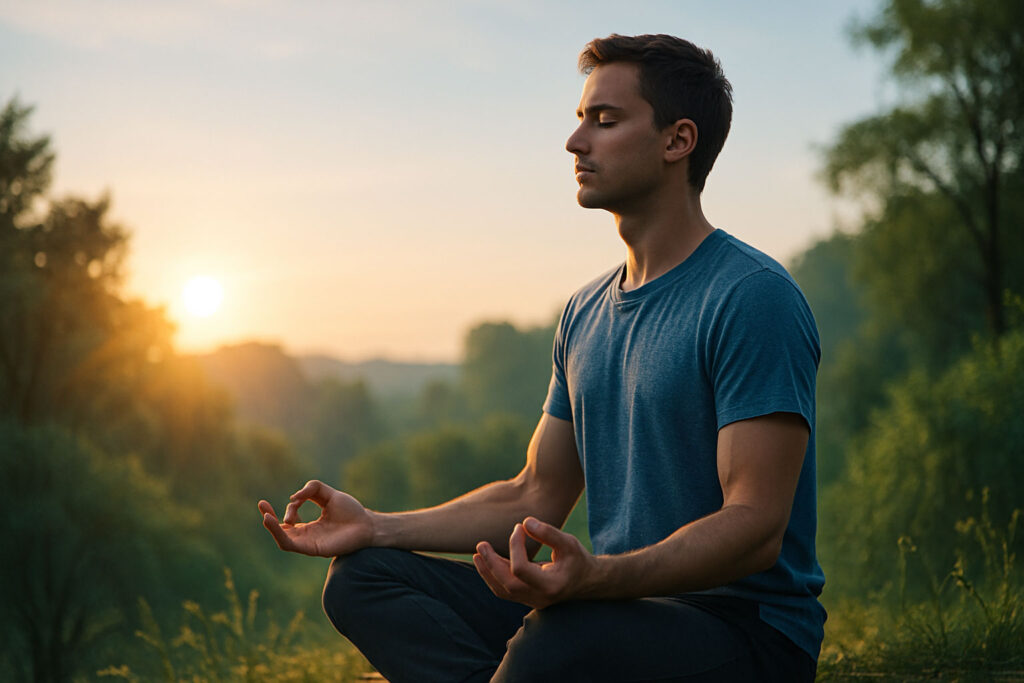 Person meditating outdoors at sunrise with calm natural surroundings