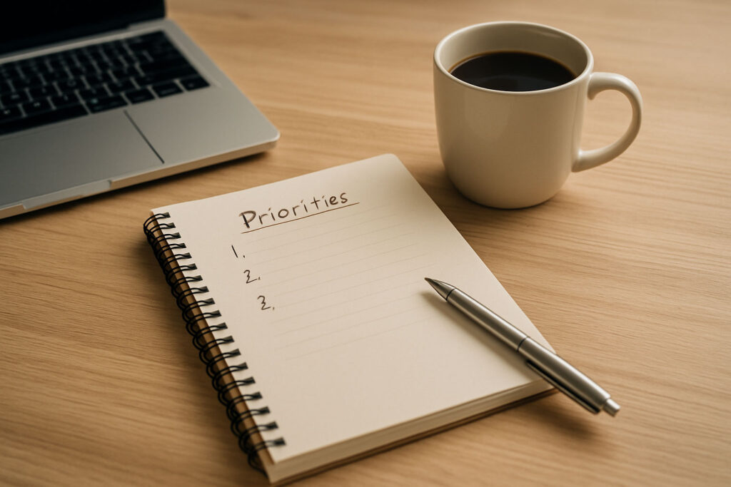Notebook labeled priorities with pen and coffee mug on a clean desk