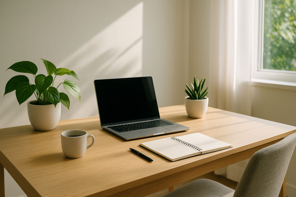 Organized minimalist workspace with laptop, notebook, and plants in natural morning light