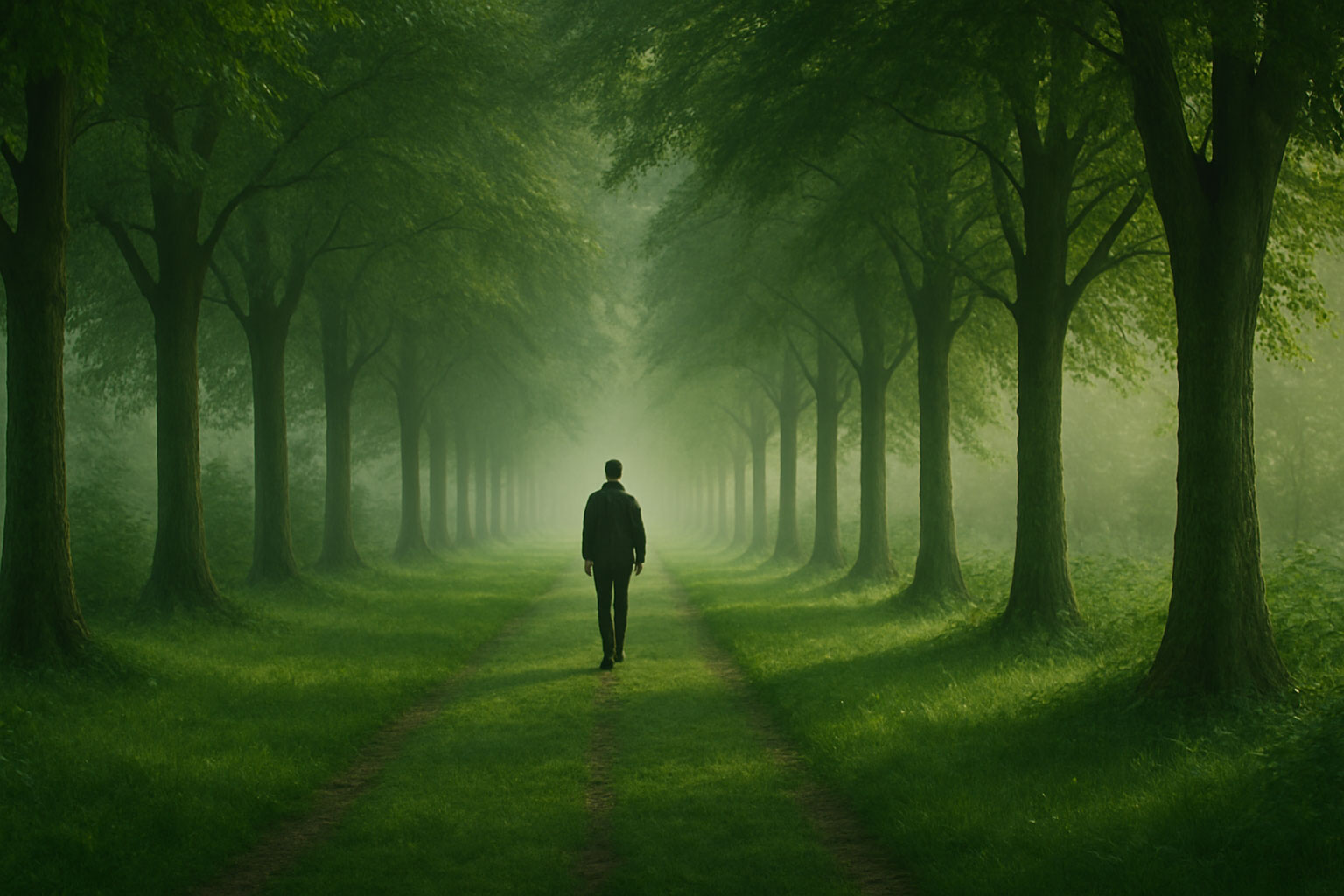 Solitary figure walking a green path at first light, demonstrating the power of consistency.