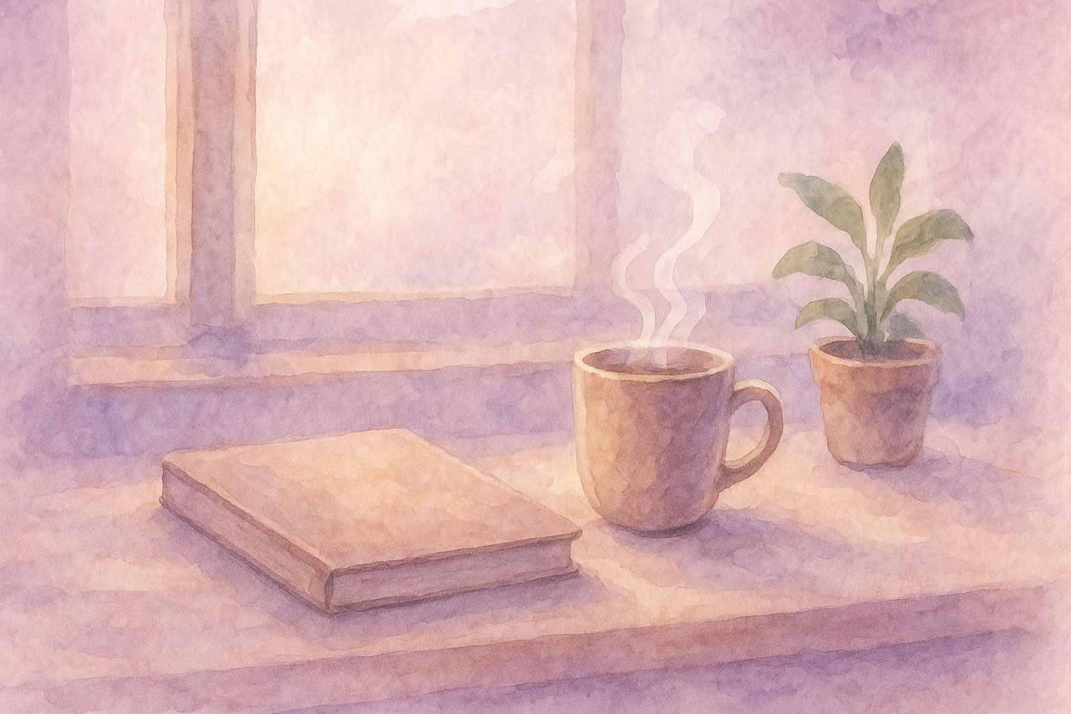 Soft watercolor of a tidy window desk suggesting routines built by the power of consistency.