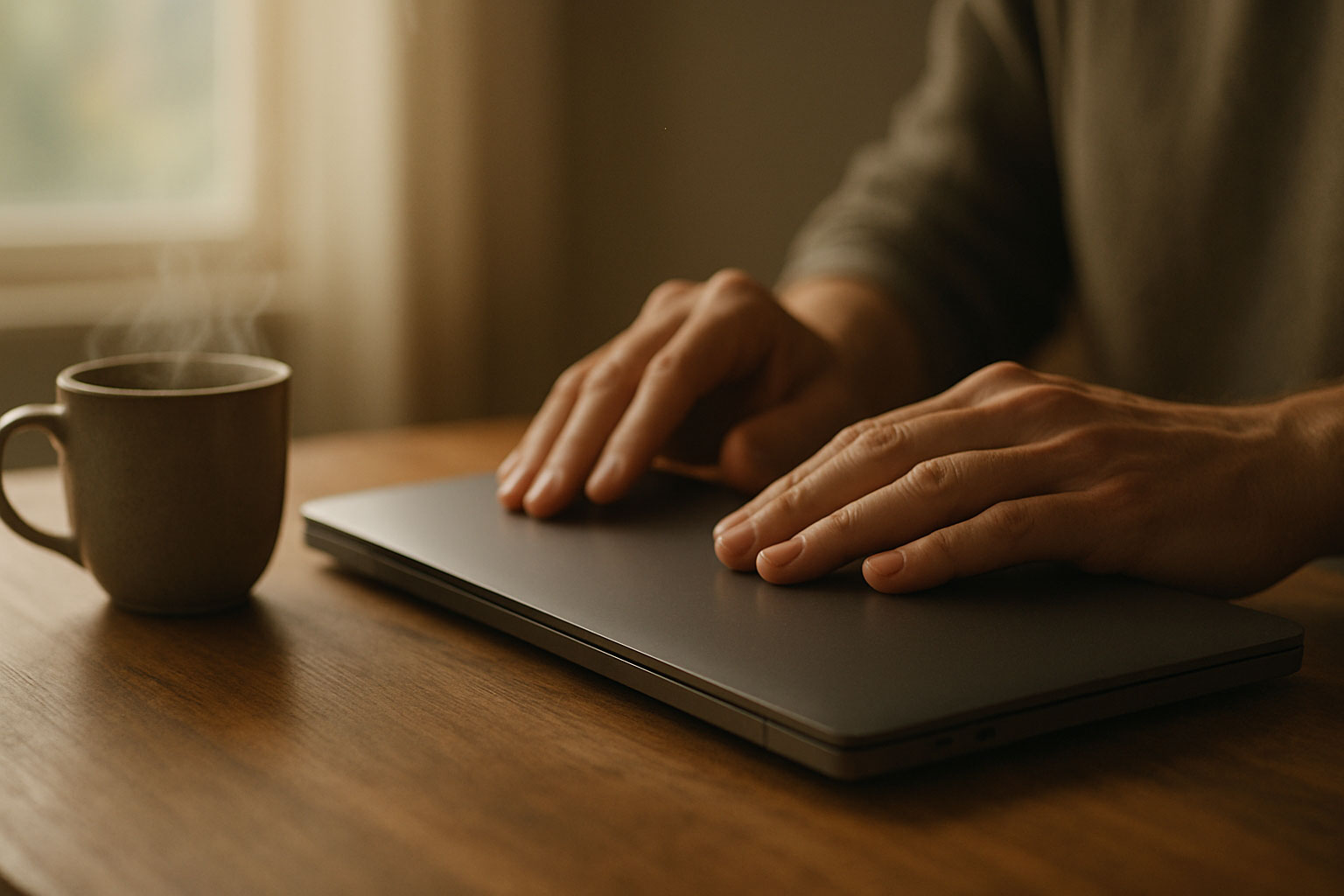 Hands closing a laptop beside tea in soft morning light, expressing the power of saying no to overload.